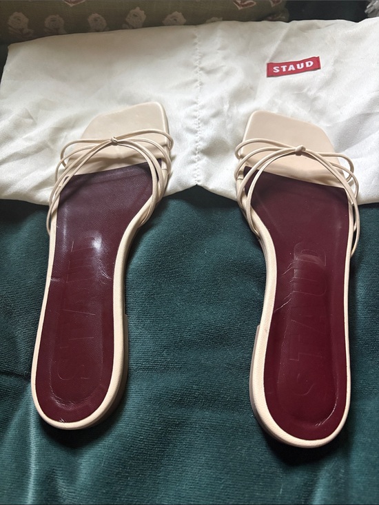 STAUD Shoes - STAUD cream Strappy Slide Sandals with Burgundy Footbed